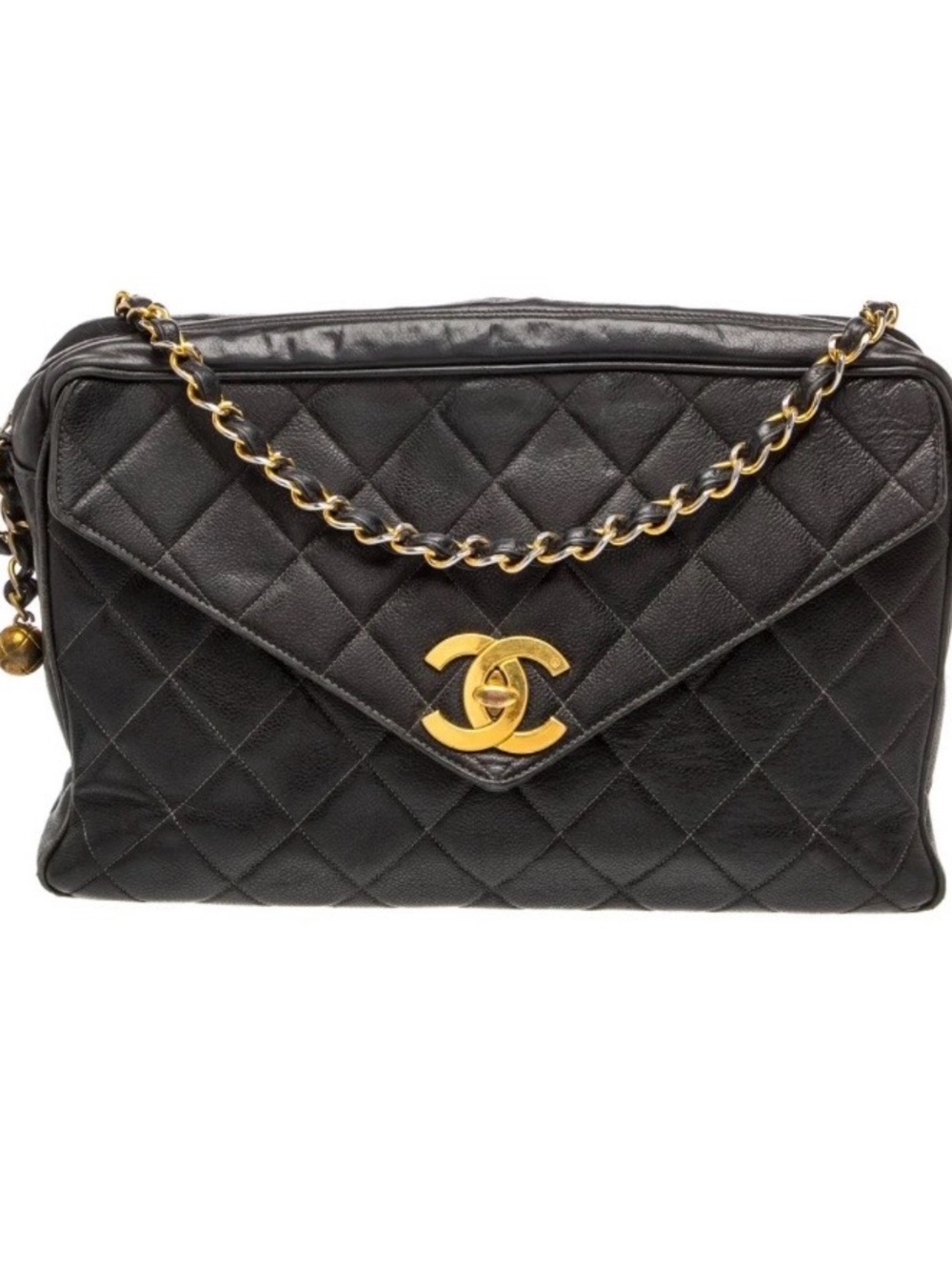 CHANEL Black Quilted Leather Shoulder Bag with Gold CC Hardware